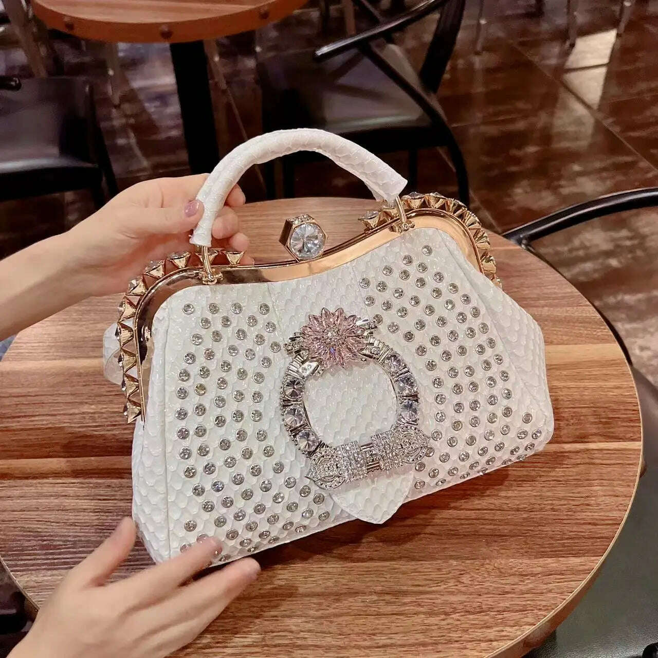 KIMLUD, 2023 New Luxury Fashion Diamonds Women&#39;s Handbags Leather Design Clip Rhinestone Bag Portable Tote Shoulder Messenger Bags, White 2, KIMLUD Women's Clothes