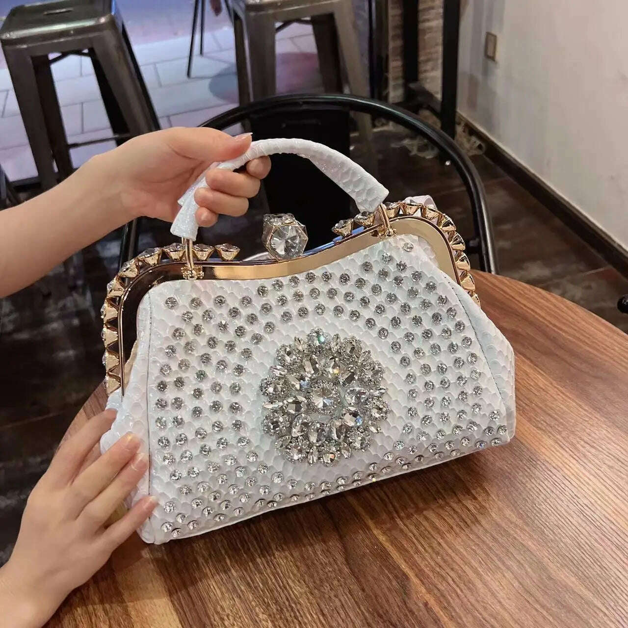 KIMLUD, 2023 New Luxury Fashion Diamonds Women&#39;s Handbags Leather Design Clip Rhinestone Bag Portable Tote Shoulder Messenger Bags, White 1, KIMLUD Women's Clothes
