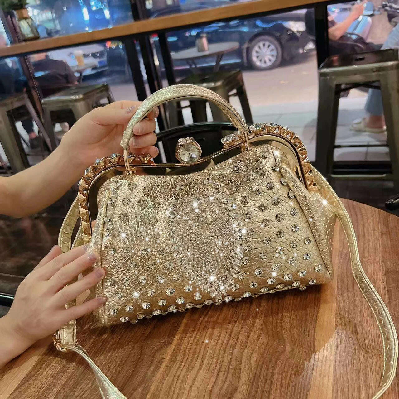 KIMLUD, 2023 New Luxury Fashion Diamonds Women&#39;s Handbags Leather Design Clip Rhinestone Bag Portable Tote Shoulder Messenger Bags, Gold 3, KIMLUD Women's Clothes