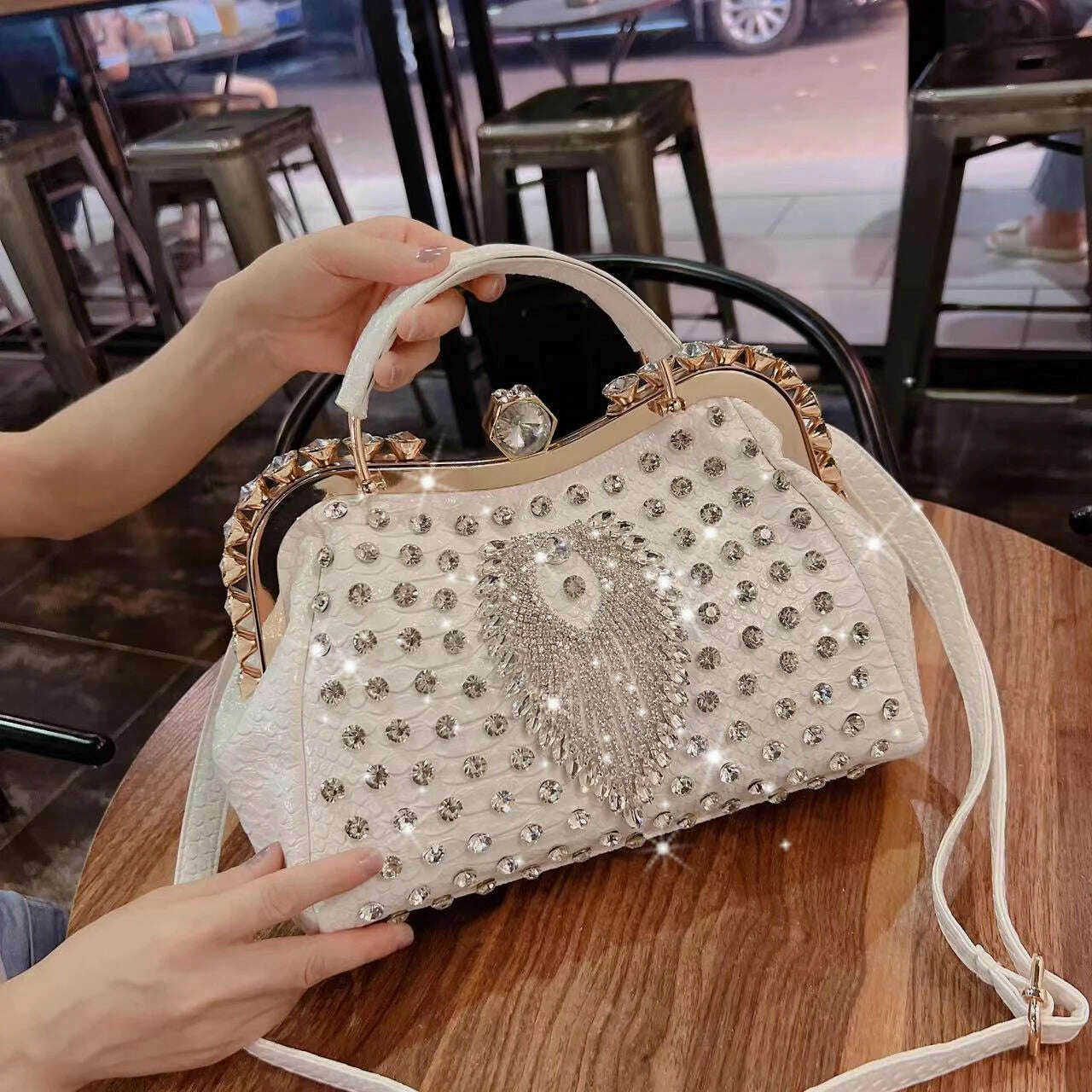 KIMLUD, 2023 New Luxury Fashion Diamonds Women&#39;s Handbags Leather Design Clip Rhinestone Bag Portable Tote Shoulder Messenger Bags, White 3, KIMLUD Women's Clothes