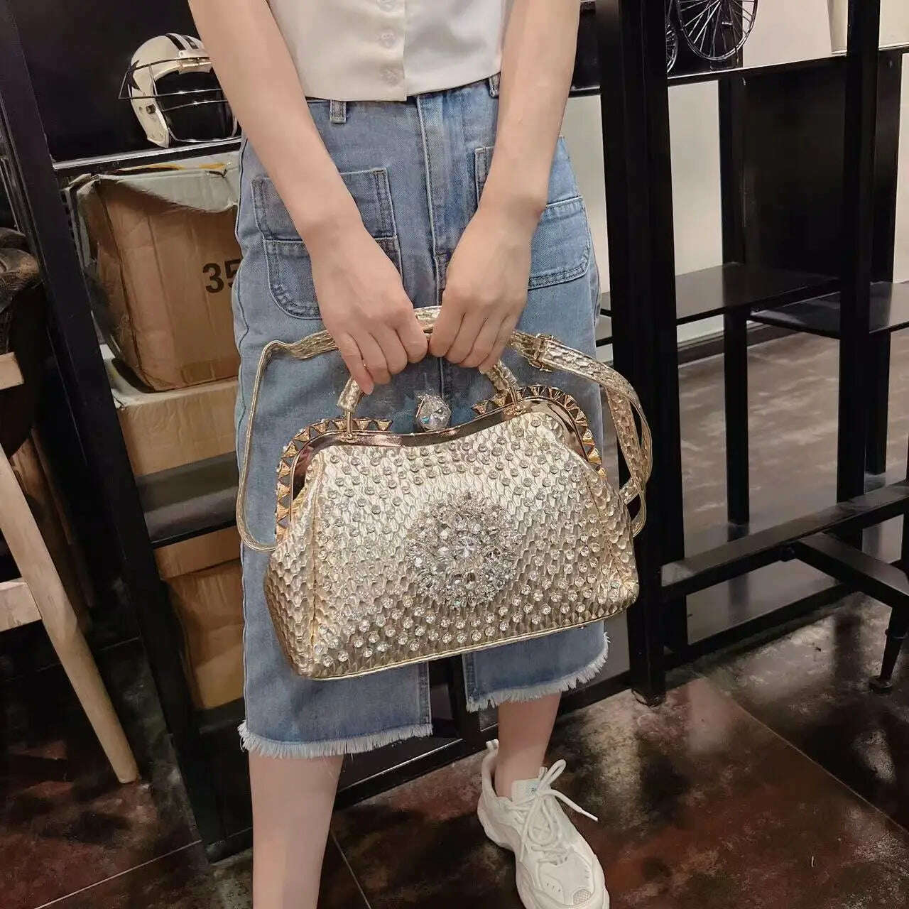 KIMLUD, 2023 New Luxury Fashion Diamonds Women&#39;s Handbags Leather Design Clip Rhinestone Bag Portable Tote Shoulder Messenger Bags, KIMLUD Women's Clothes