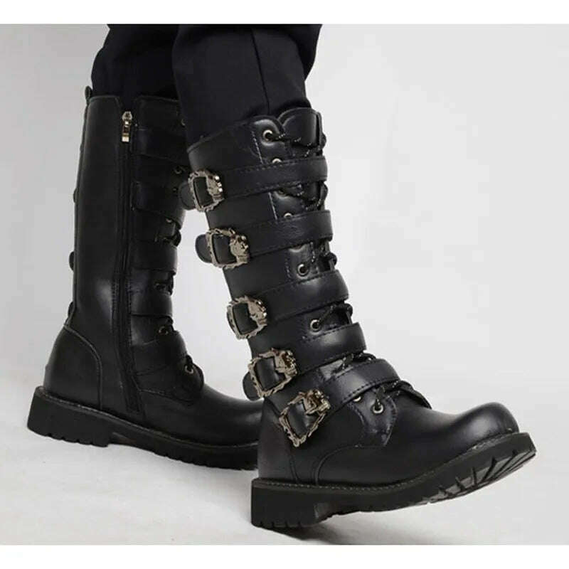 KIMLUD, 2023 new men&#39;s leather motorcycle boots military boots gothic belt punk boots men&#39;s shoes outdoor tactical military boots, KIMLUD Womens Clothes