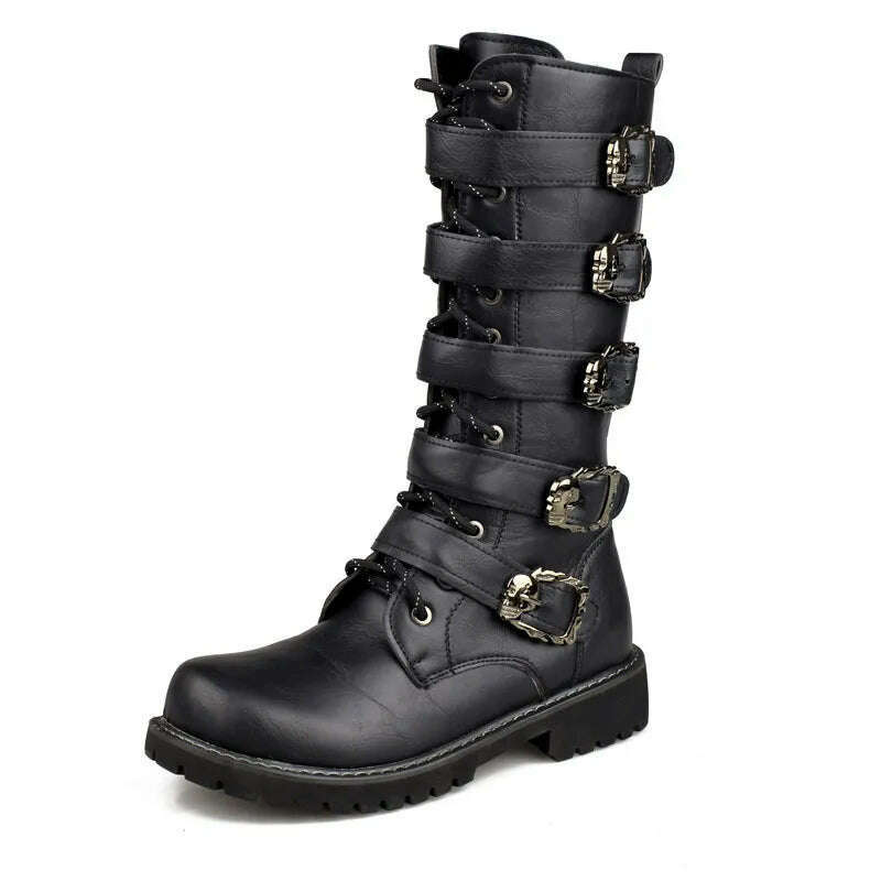 KIMLUD, 2023 new men&#39;s leather motorcycle boots military boots gothic belt punk boots men&#39;s shoes outdoor tactical military boots, KIMLUD Womens Clothes