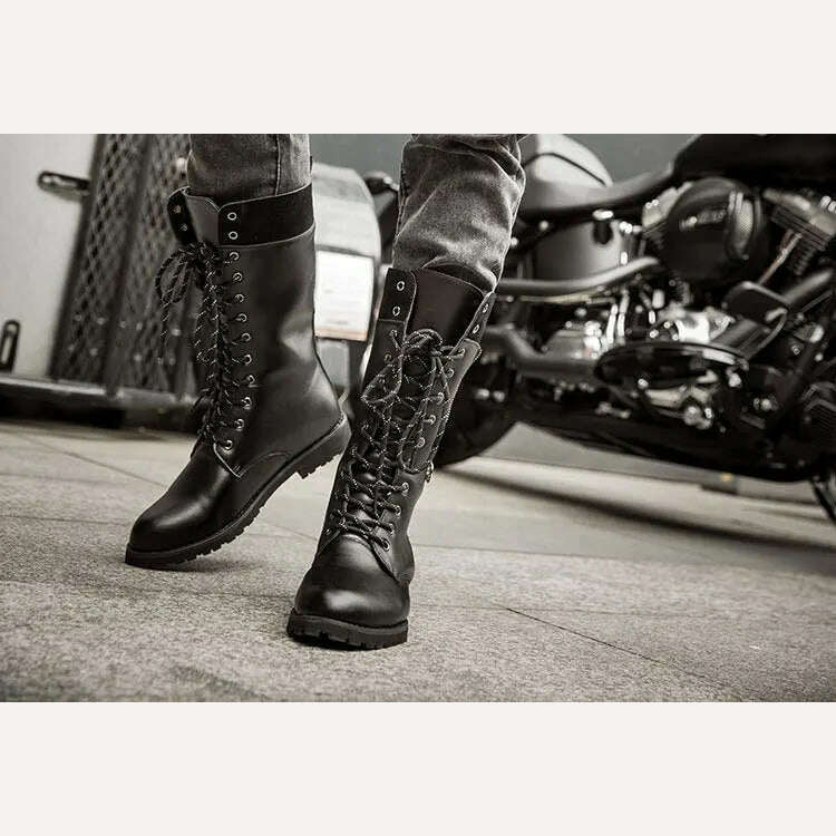 KIMLUD, 2023 new men&#39;s leather motorcycle boots military boots gothic belt punk boots men&#39;s shoes outdoor tactical military boots, KIMLUD Womens Clothes