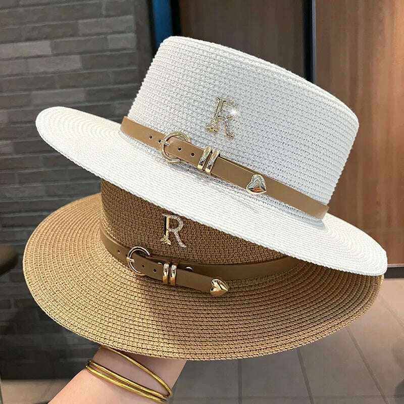 KIMLUD, 2023 New Metal R Letter Buckle Straw Hat Leisure Summer Sunscreen Hat Women&#39;s Fashionable Beach Hat Vintage Hat Church Hats, KIMLUD Women's Clothes