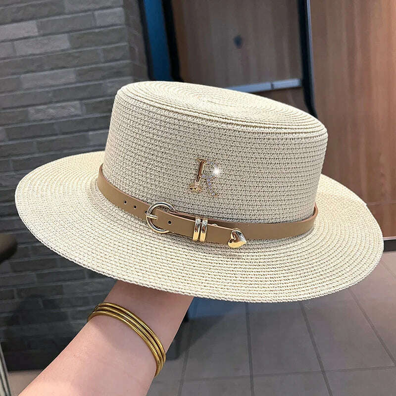 KIMLUD, 2023 New Metal R Letter Buckle Straw Hat Leisure Summer Sunscreen Hat Women&#39;s Fashionable Beach Hat Vintage Hat Church Hats, Beige / One Size, KIMLUD Womens Clothes