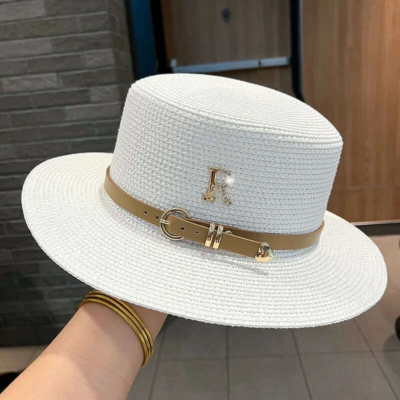 KIMLUD, 2023 New Metal R Letter Buckle Straw Hat Leisure Summer Sunscreen Hat Women&#39;s Fashionable Beach Hat Vintage Hat Church Hats, White / One Size, KIMLUD Womens Clothes