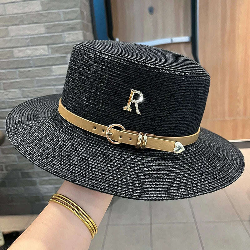 KIMLUD, 2023 New Metal R Letter Buckle Straw Hat Leisure Summer Sunscreen Hat Women&#39;s Fashionable Beach Hat Vintage Hat Church Hats, Black / One Size, KIMLUD Womens Clothes