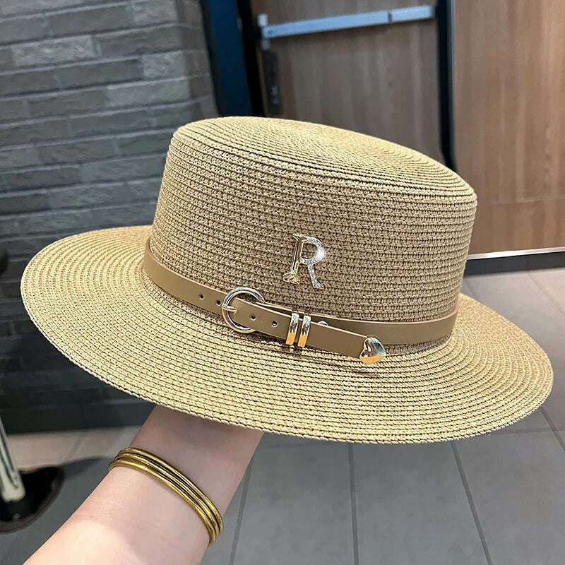 KIMLUD, 2023 New Metal R Letter Buckle Straw Hat Leisure Summer Sunscreen Hat Women&#39;s Fashionable Beach Hat Vintage Hat Church Hats, Khaki / One Size, KIMLUD Womens Clothes