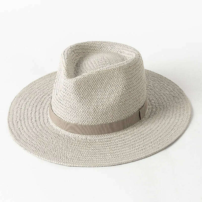 KIMLUD, 2023 New Plain Band Panama Straw Hats for Women Summer Beach Hats Wide Brim Sun Hat Funeral Church Derby Fedora Cap UPF50+, KIMLUD Womens Clothes