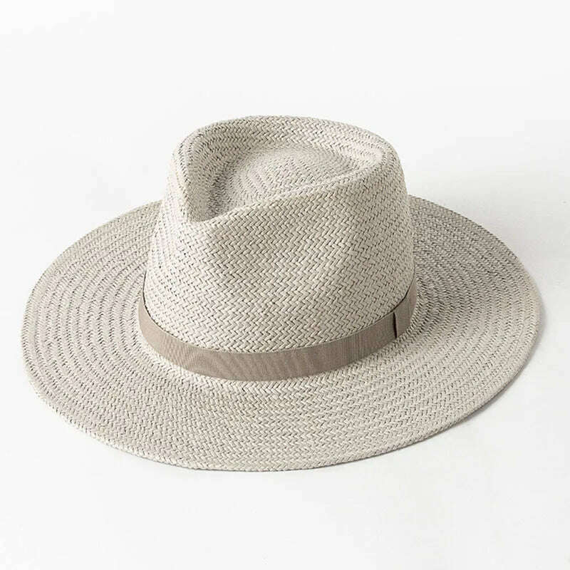 2023 New Plain Band Panama Straw Hats for Women Summer Beach Hats Wide Brim Sun Hat Funeral Church Derby Fedora Cap UPF50+ - KIMLUD