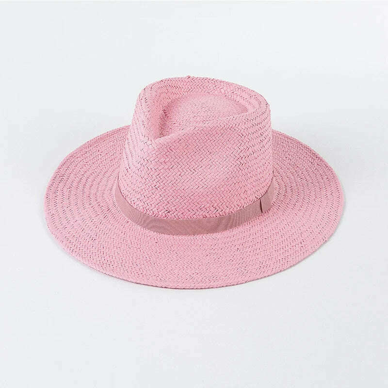 KIMLUD, 2023 New Plain Band Panama Straw Hats for Women Summer Beach Hats Wide Brim Sun Hat Funeral Church Derby Fedora Cap UPF50+, Pink, KIMLUD Womens Clothes