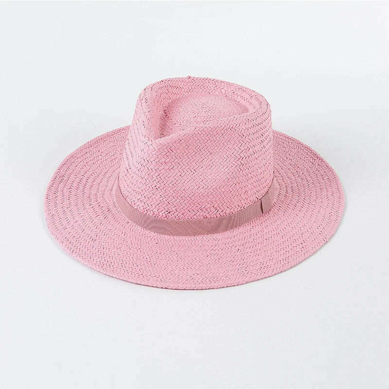 2023 New Plain Band Panama Straw Hats for Women Summer Beach Hats Wide Brim Sun Hat Funeral Church Derby Fedora Cap UPF50+ - KIMLUD