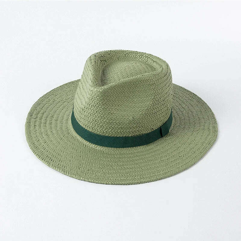 KIMLUD, 2023 New Plain Band Panama Straw Hats for Women Summer Beach Hats Wide Brim Sun Hat Funeral Church Derby Fedora Cap UPF50+, Green, KIMLUD Womens Clothes