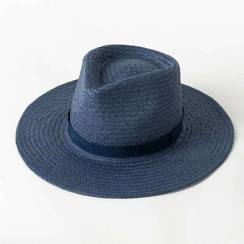 2023 New Plain Band Panama Straw Hats for Women Summer Beach Hats Wide Brim Sun Hat Funeral Church Derby Fedora Cap UPF50+ - KIMLUD