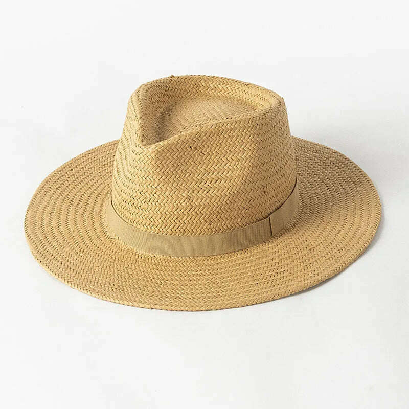 KIMLUD, 2023 New Plain Band Panama Straw Hats for Women Summer Beach Hats Wide Brim Sun Hat Funeral Church Derby Fedora Cap UPF50+, Khaki, KIMLUD Womens Clothes