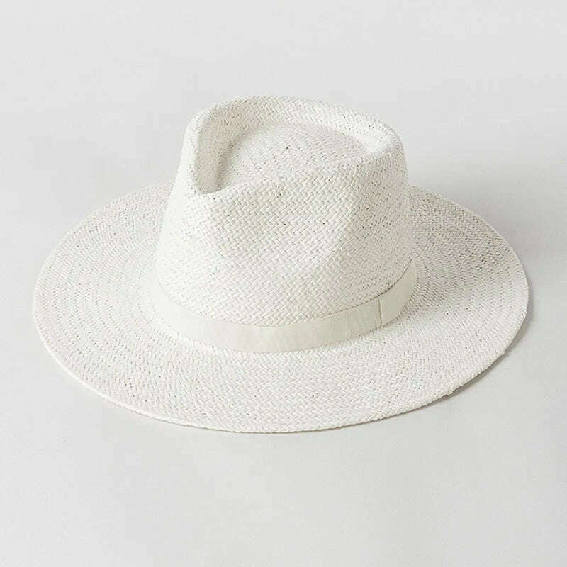 KIMLUD, 2023 New Plain Band Panama Straw Hats for Women Summer Beach Hats Wide Brim Sun Hat Funeral Church Derby Fedora Cap UPF50+, White, KIMLUD Womens Clothes