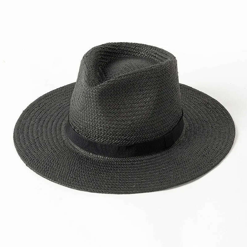 KIMLUD, 2023 New Plain Band Panama Straw Hats for Women Summer Beach Hats Wide Brim Sun Hat Funeral Church Derby Fedora Cap UPF50+, Black, KIMLUD Womens Clothes