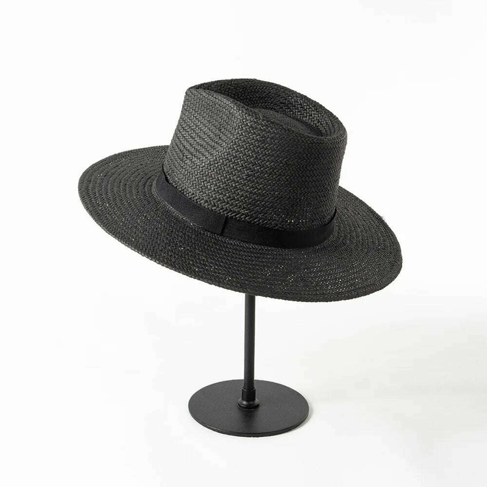 2023 New Plain Band Panama Straw Hats for Women Summer Beach Hats Wide Brim Sun Hat Funeral Church Derby Fedora Cap UPF50+ - KIMLUD