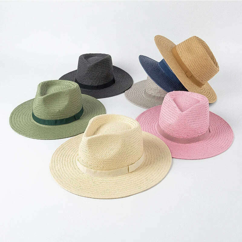 2023 New Plain Band Panama Straw Hats for Women Summer Beach Hats Wide Brim Sun Hat Funeral Church Derby Fedora Cap UPF50+ - KIMLUD