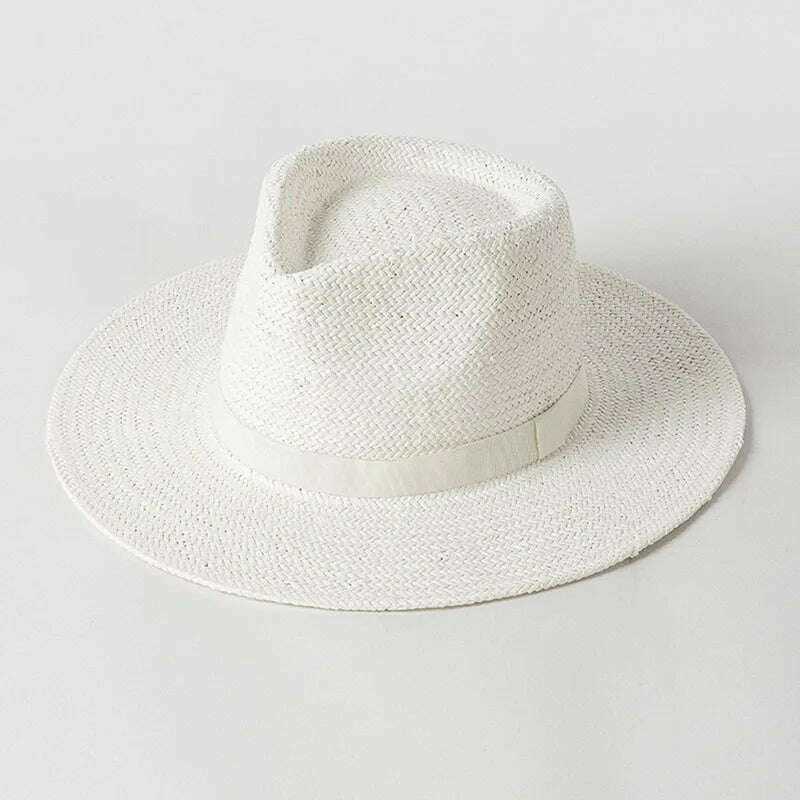 2023 New Plain Band Panama Straw Hats for Women Summer Beach Hats Wide Brim Sun Hat Funeral Church Derby Fedora Cap UPF50+ - KIMLUD
