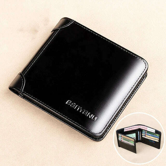 KIMLUD, 2023 New RFID Men's Wallet Genuine Leather Vintage Short Purse For Men Mini Card Holder Male Short Wallet Male Trifold Wallet, Oil Balck, KIMLUD Womens Clothes