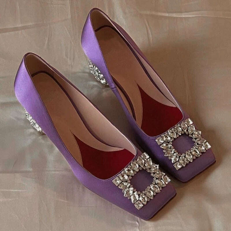 KIMLUD, 2023 New Rhinestone Pumps Women Square Toe Slip-on Crystal High Heels Women Party Dress Shoes Femmes Chaussures Zapatos De Mujer, Purple / 34, KIMLUD Women's Clothes