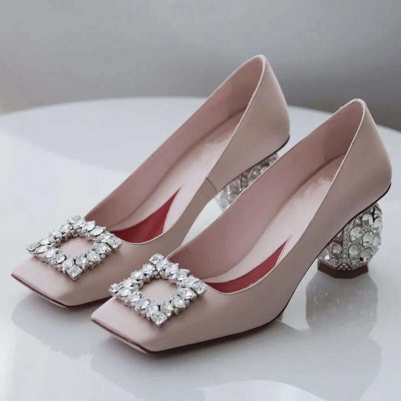 KIMLUD, 2023 New Rhinestone Pumps Women Square Toe Slip-on Crystal High Heels Women Party Dress Shoes Femmes Chaussures Zapatos De Mujer, KIMLUD Womens Clothes