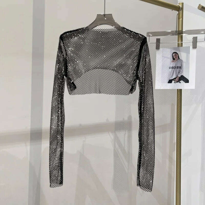 KIMLUD, 2023 new sexy bright diamond short top Slim thin Ms. hot drill long-sleeved T-shirt sexy leak waist nightclub, Mineral-Black / One Size, KIMLUD Womens Clothes