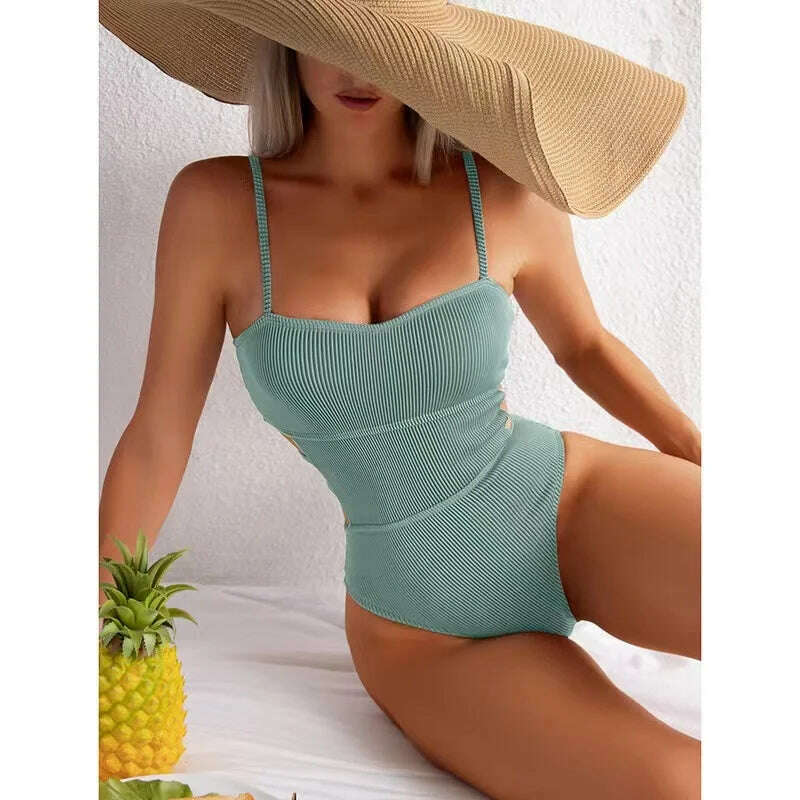 KIMLUD, 2023 New Sexy Ribbed One Piece Swimsuit Solid Swimwear Women Cut Out Monokini High Cut Swimming Suit female Bathing Bikini Suits, KIMLUD Women's Clothes