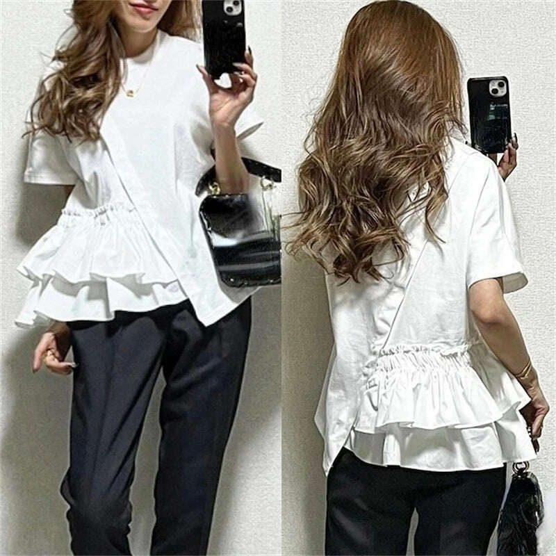 KIMLUD, 2023 New Short Sleeve Tshirts Women Ruffles Patchwork Asymmetrical Fashion T Shirts High Street Casual All-match Tops, white tops / One Size, KIMLUD Women's Clothes