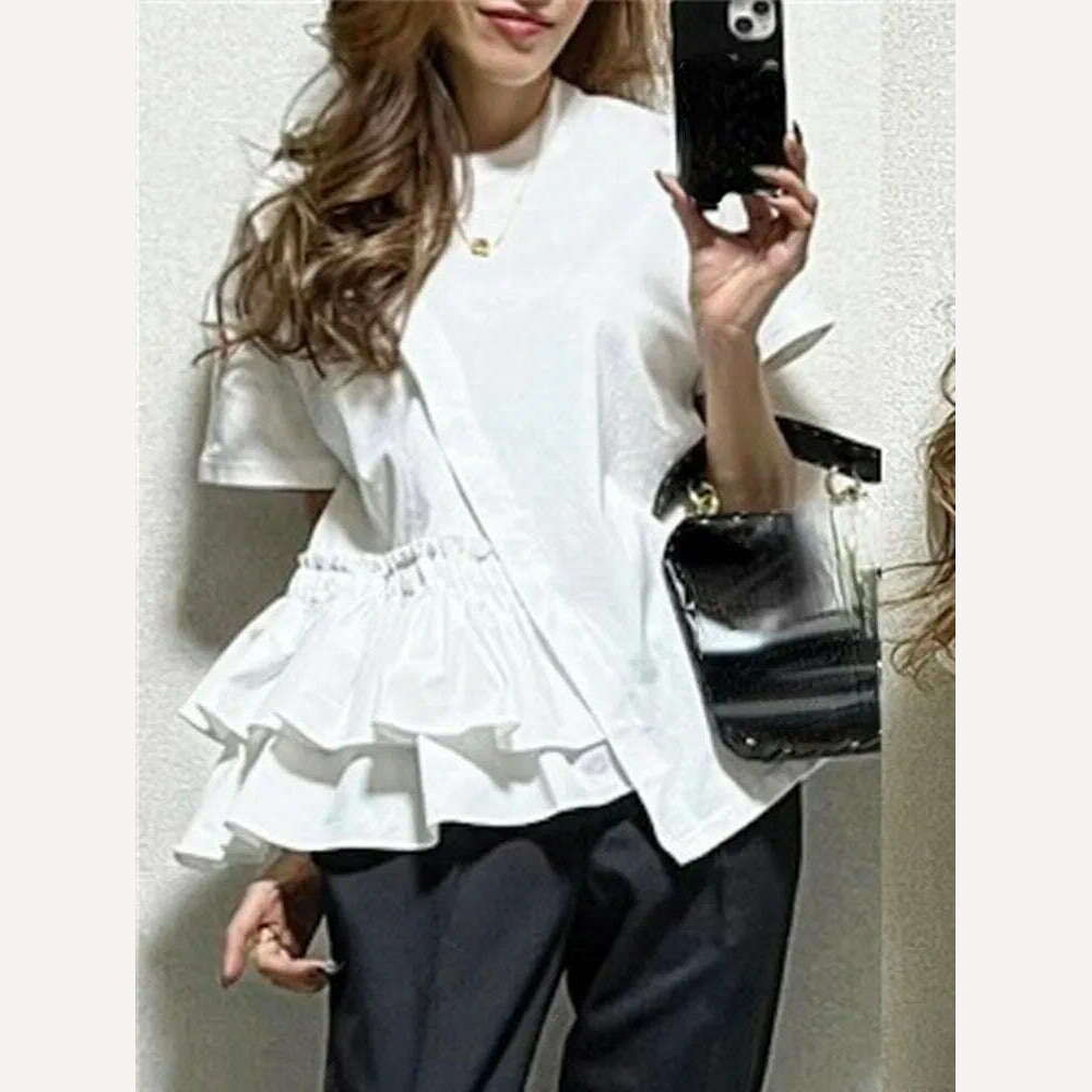 KIMLUD, 2023 New Short Sleeve Tshirts Women Ruffles Patchwork Asymmetrical Fashion T Shirts High Street Casual All-match Tops, KIMLUD Womens Clothes