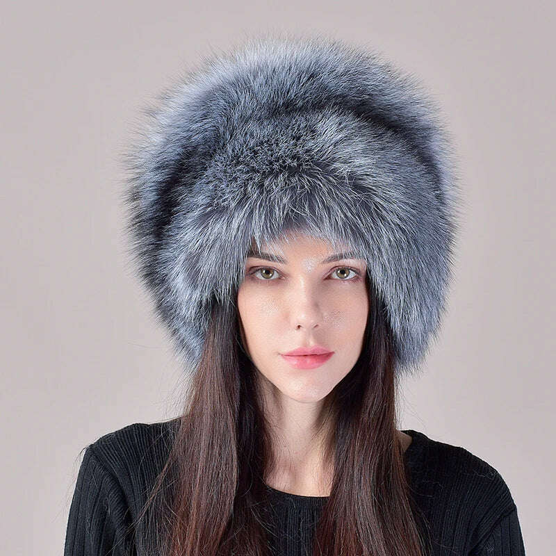 2023 New Style Natural Fox Fur Russian Hat Ushanka Women Winter Warm Fluffy Popular Style Female Tail Cap Fashion Real Fur Hats, KIMLUD Women's Clothes