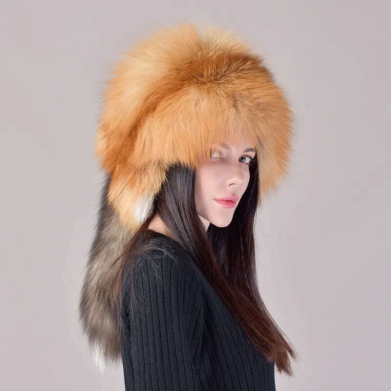 KIMLUD, 2023 New Style Natural Fox Fur Russian Hat Ushanka Women Winter Warm Fluffy Popular Style Female Tail Cap Fashion Real Fur Hats, KIMLUD Womens Clothes