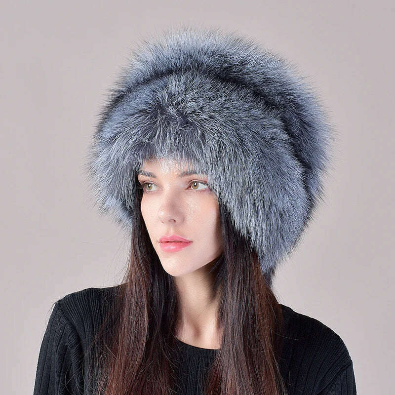 2023 New Style Natural Fox Fur Russian Hat Ushanka Women Winter Warm Fluffy Popular Style Female Tail Cap Fashion Real Fur Hats, silver fox fur / Suitable everyone, KIMLUD Women's Clothes