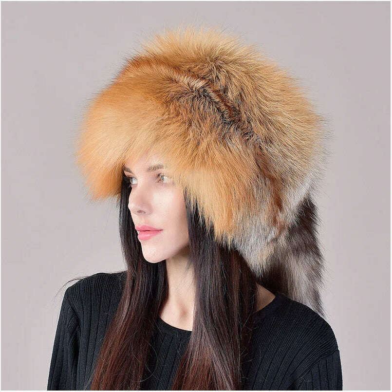2023 New Style Natural Fox Fur Russian Hat Ushanka Women Winter Warm Fluffy Popular Style Female Tail Cap Fashion Real Fur Hats - KIMLUD