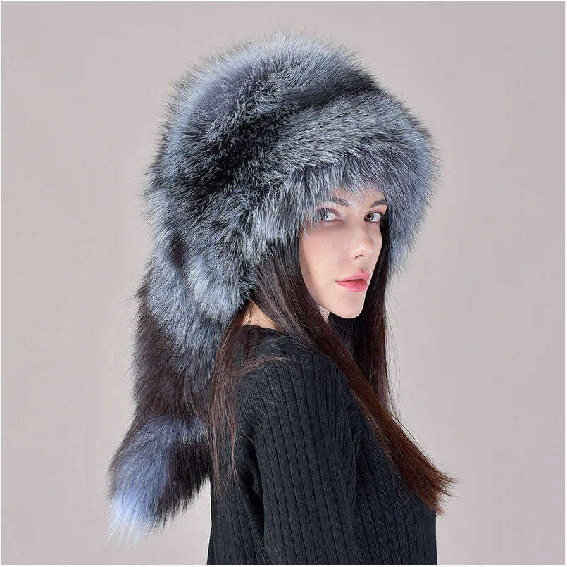 2023 New Style Natural Fox Fur Russian Hat Ushanka Women Winter Warm Fluffy Popular Style Female Tail Cap Fashion Real Fur Hats, KIMLUD Women's Clothes