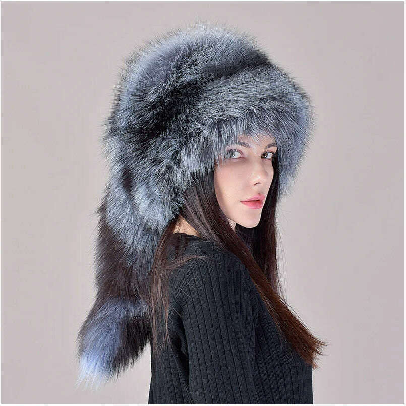 2023 New Style Natural Fox Fur Russian Hat Ushanka Women Winter Warm Fluffy Popular Style Female Tail Cap Fashion Real Fur Hats - KIMLUD