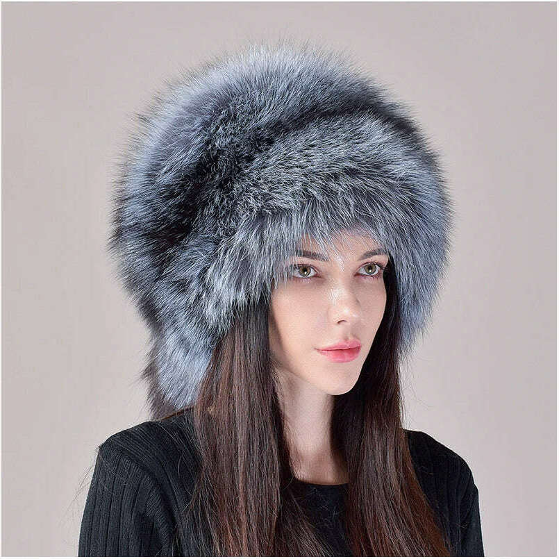KIMLUD, 2023 New Style Natural Fox Fur Russian Hat Ushanka Women Winter Warm Fluffy Popular Style Female Tail Cap Fashion Real Fur Hats, KIMLUD Women's Clothes
