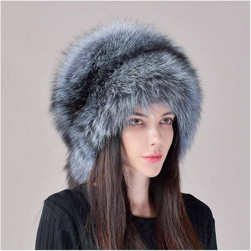 KIMLUD, 2023 New Style Natural Fox Fur Russian Hat Ushanka Women Winter Warm Fluffy Popular Style Female Tail Cap Fashion Real Fur Hats, KIMLUD Womens Clothes