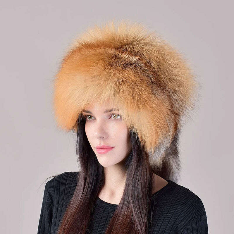 KIMLUD, 2023 New Style Natural Fox Fur Russian Hat Ushanka Women Winter Warm Fluffy Popular Style Female Tail Cap Fashion Real Fur Hats, KIMLUD Womens Clothes