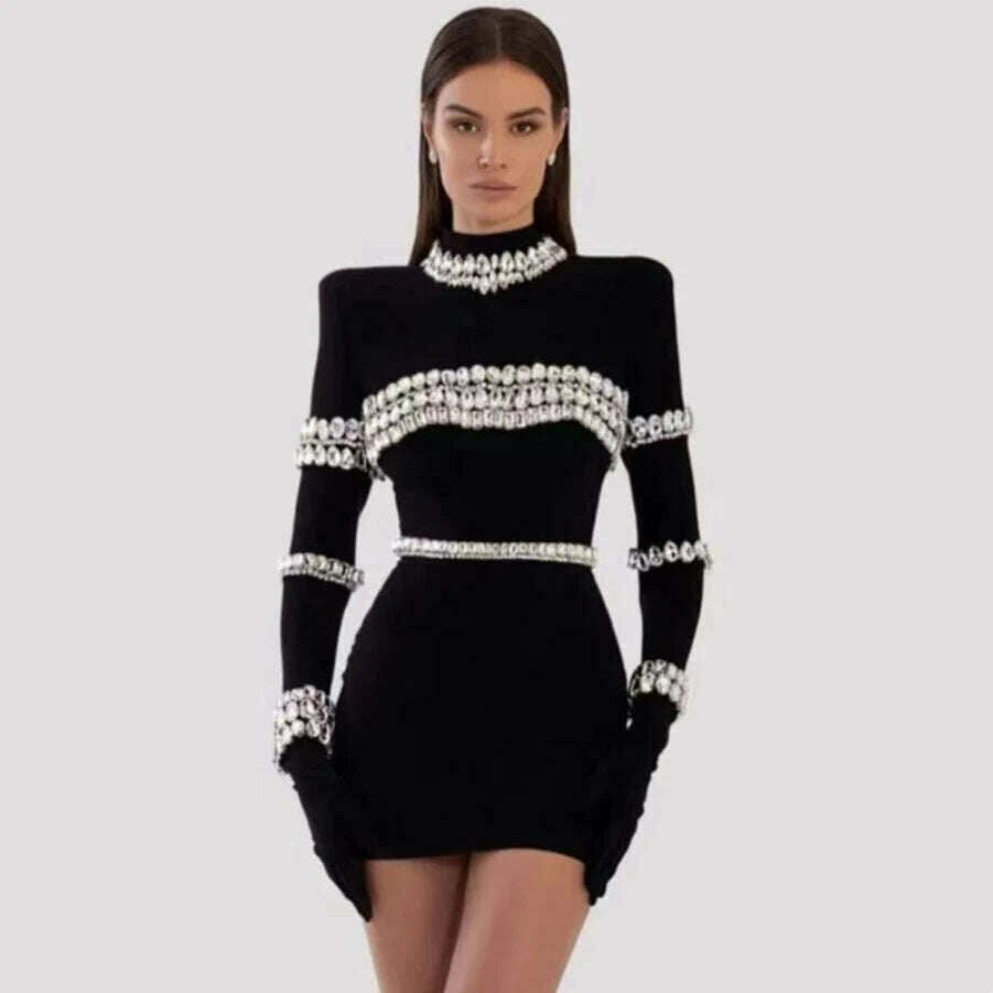 KIMLUD, 2023 New Summer Women Black Color Long Sleeve High Neck Beading Bandage Mini Bodycon Dresss Evening Party Dress, KIMLUD Womens Clothes