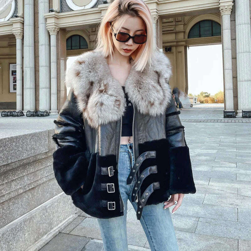 KIMLUD, 2023 New Winter and Autumn Street Fashion Women's Real Natural Merino Sheep Fur Coat Genuine Jacket Fox Fur Collar Warm Female, black / M, KIMLUD Womens Clothes