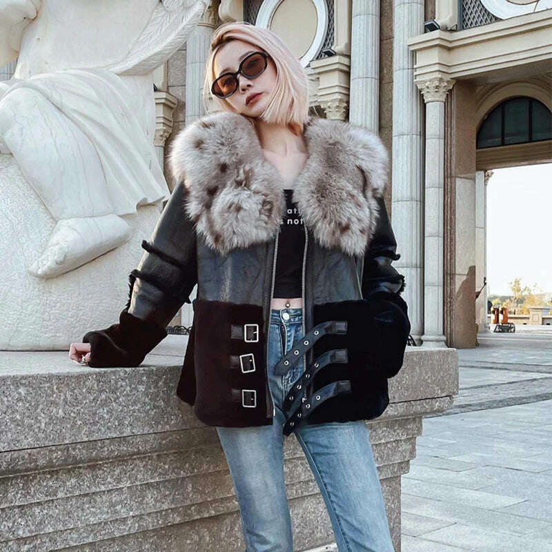 KIMLUD, 2023 New Winter and Autumn Street Fashion Women's Real Natural Merino Sheep Fur Coat Genuine Jacket Fox Fur Collar Warm Female, KIMLUD Womens Clothes