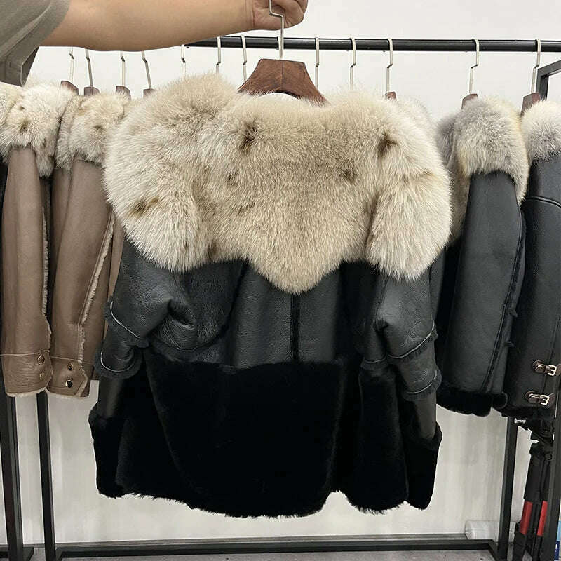 KIMLUD, 2023 New Winter and Autumn Street Fashion Women's Real Natural Merino Sheep Fur Coat Genuine Jacket Fox Fur Collar Warm Female, KIMLUD Womens Clothes