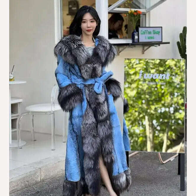 KIMLUD, 2023 New Winter Women Luxury Real Rex Rabbit Fur Coats With Fox Lapel Collar Natural Whole Skin Genuine Rabbit Fur Lady's Fashio, blue / One Size, KIMLUD Womens Clothes