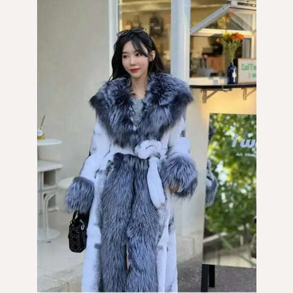 KIMLUD, 2023 New Winter Women Luxury Real Rex Rabbit Fur Coats With Fox Lapel Collar Natural Whole Skin Genuine Rabbit Fur Lady's Fashio, white / One Size, KIMLUD Womens Clothes