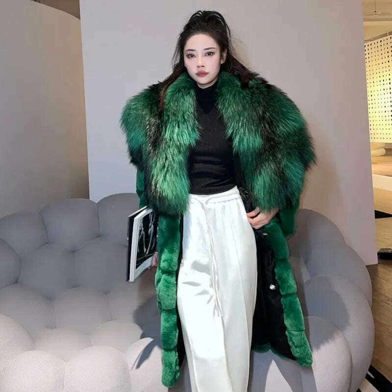 KIMLUD, 2023 New Winter Women Real Rex Rabbit Fur Coat Long Luxury Jacket with Super Large Raccoon Fur Collar Ladies Fashion Overcoat, green / S bust 88cm, KIMLUD Women's Clothes
