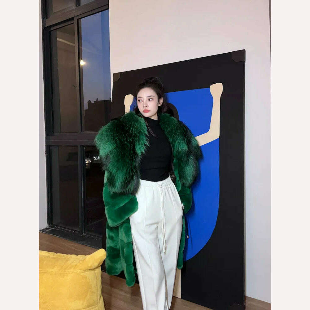 2023 New Winter Women Real Rex Rabbit Fur Coat Long Luxury Jacket with Super Large Raccoon Fur Collar Ladies Fashion Overcoat - KIMLUD