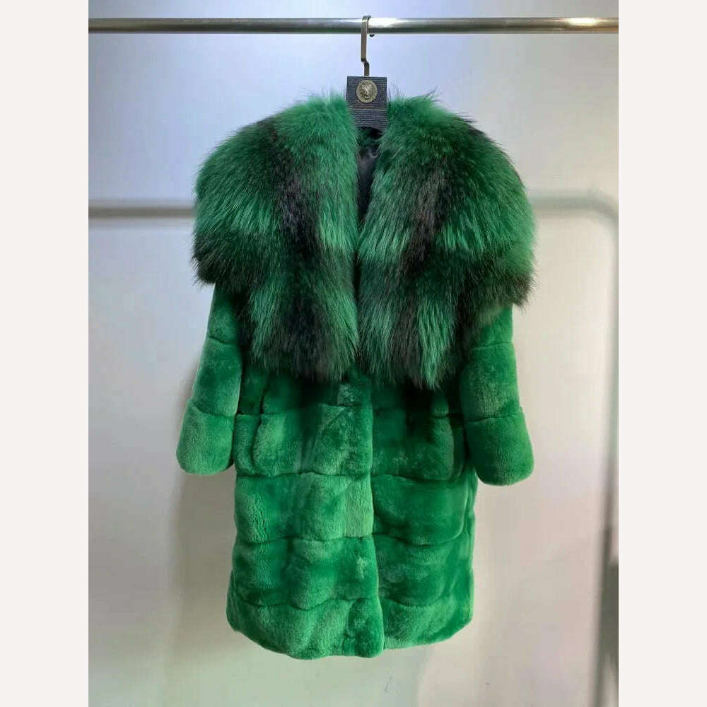 KIMLUD, 2023 New Winter Women Real Rex Rabbit Fur Coat Long Luxury Jacket with Super Large Raccoon Fur Collar Ladies Fashion Overcoat, KIMLUD Womens Clothes